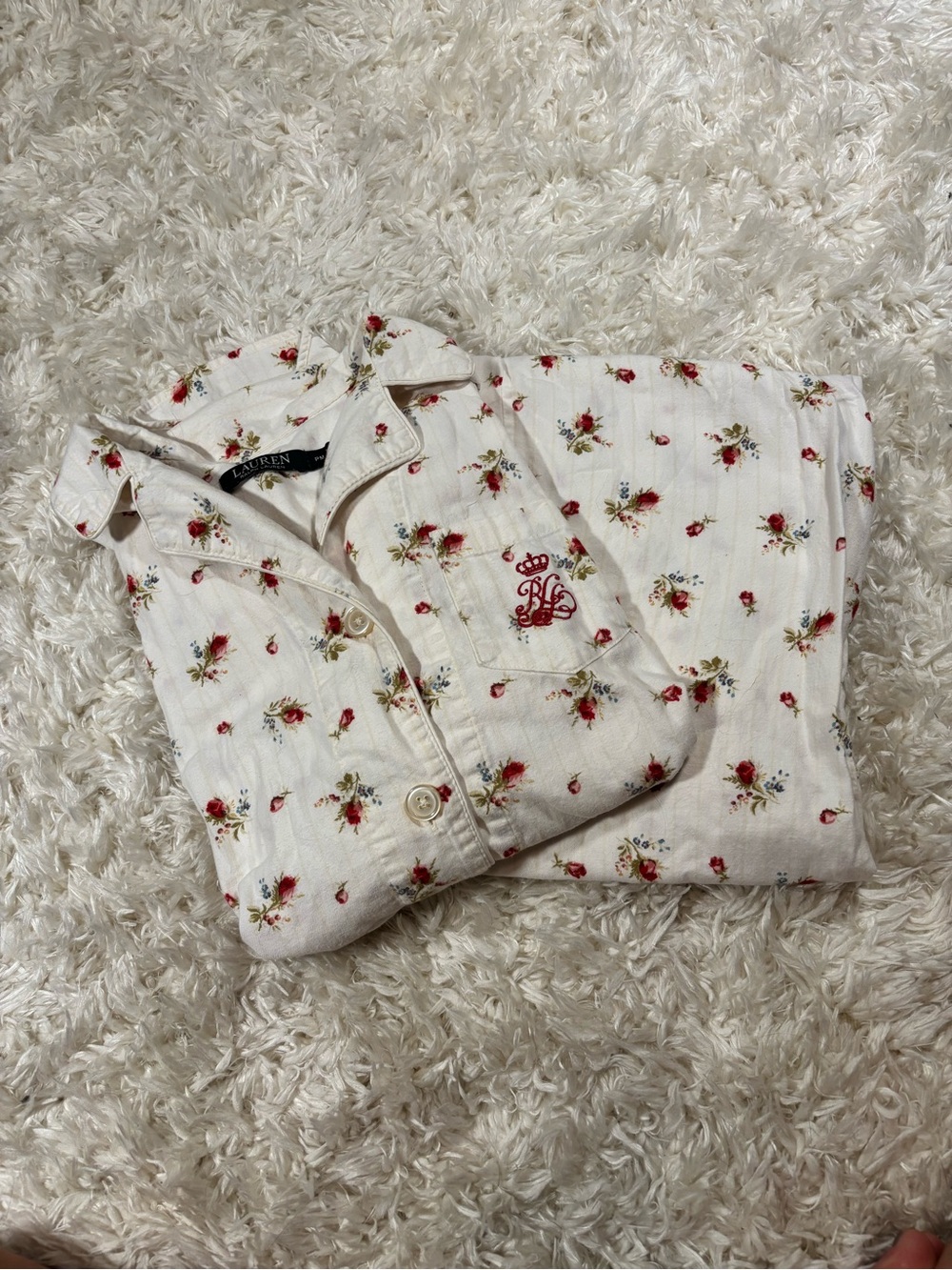 Ralph Lauren White Button-Up Pajama Set with Red Floral Embroidery-PM - Picture 3 of 11